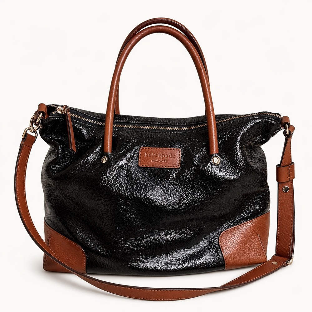 Kate Spade‎ Black Patent Brown Leather Combo Court Tote Shoulder Bag Crossbody
